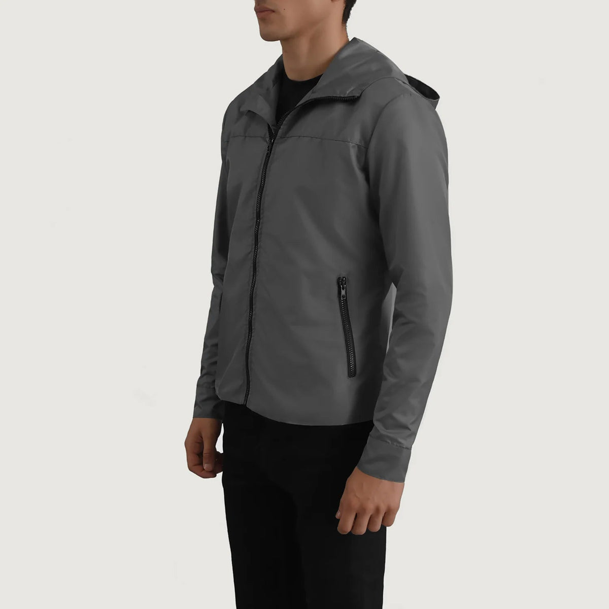 
Grey Full-Grain Leather Hooded Jacket - უკანა ხედი გამოკვეთილი მხრებით და სუფთა დაბოლოებით