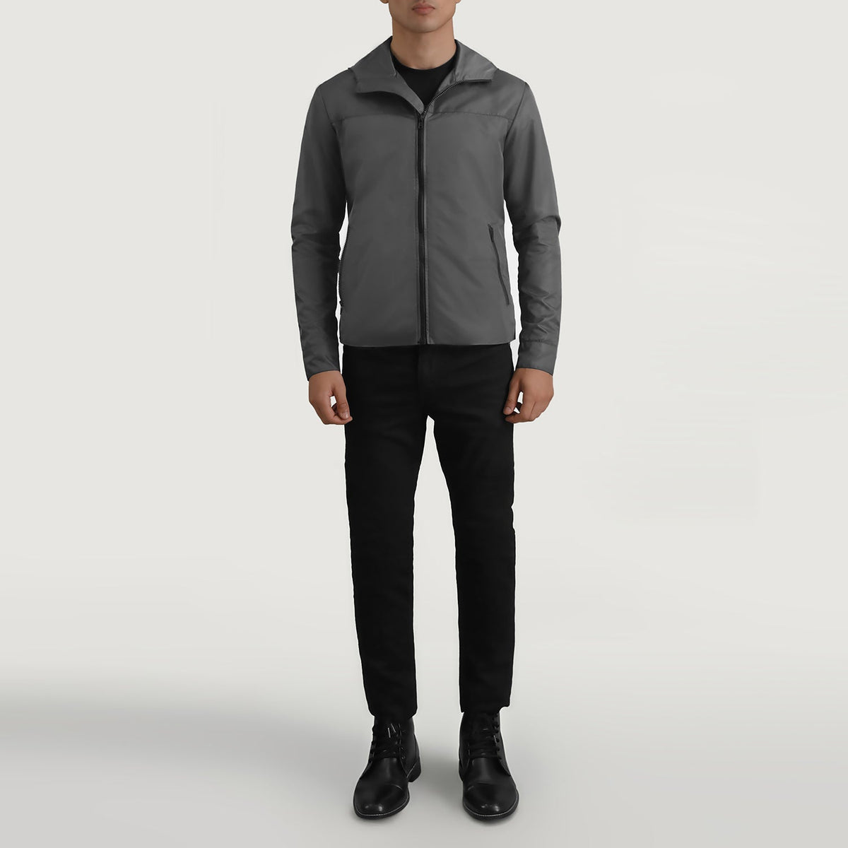 
Wesley Grey Hooded Windbreaker ტყავის ქურთუკი მამაკაცის - გვერდითი პროფილი ერგონომიული სახელოს ჭრით
