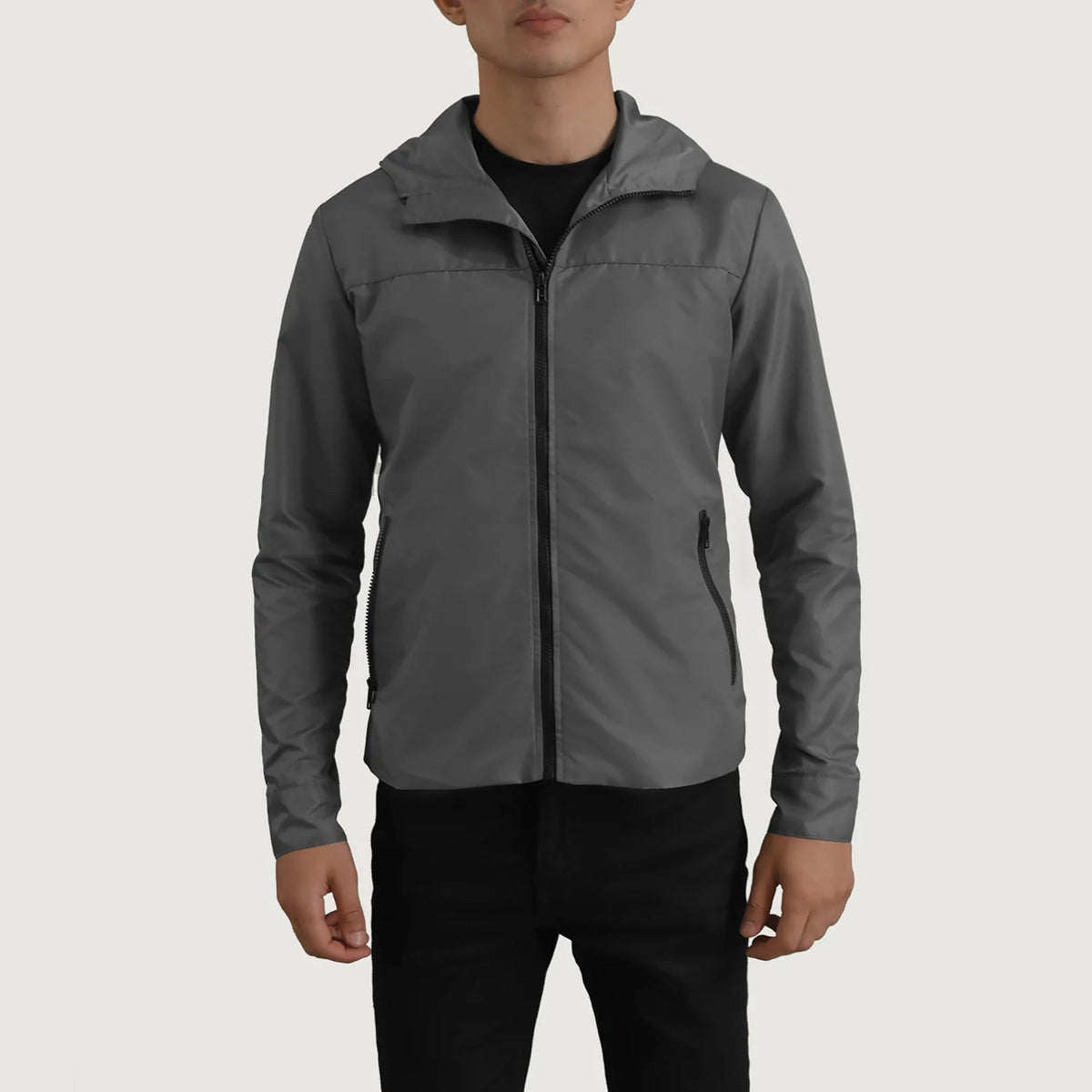 
ახლო ხედი of Classic Collar & Zipper With Inside Wind Flap. Hardware on Wesley Grey Hooded Windbreaker ტყავის ქურთუკი მამაკაცის