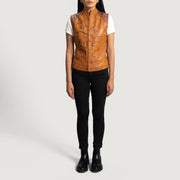
ახლო ხედი of Classic Collar & Zipper Hardware on Westina ტანი Dye ტყავის ჟილეტი ქალის