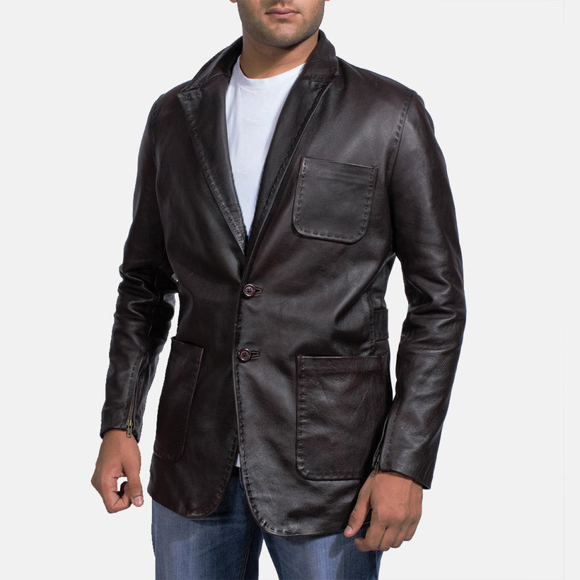Wine შავი Leather Blazer მამაკაცის
