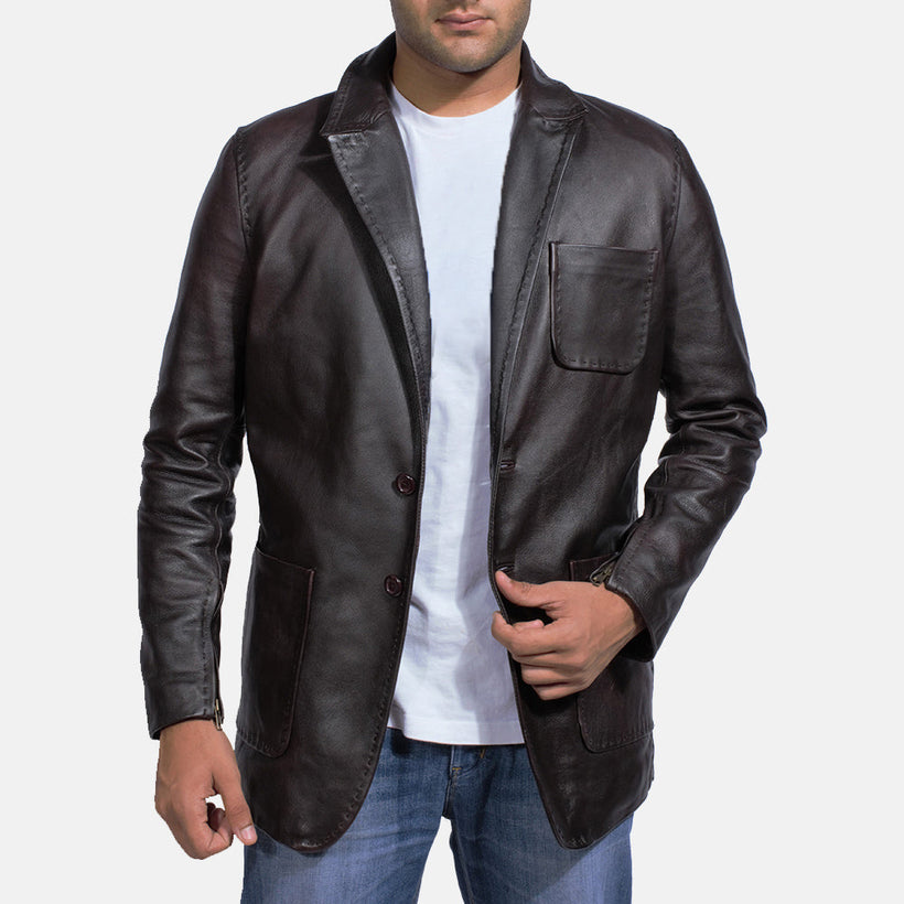 Wine შავი Leather Blazer მამაკაცის