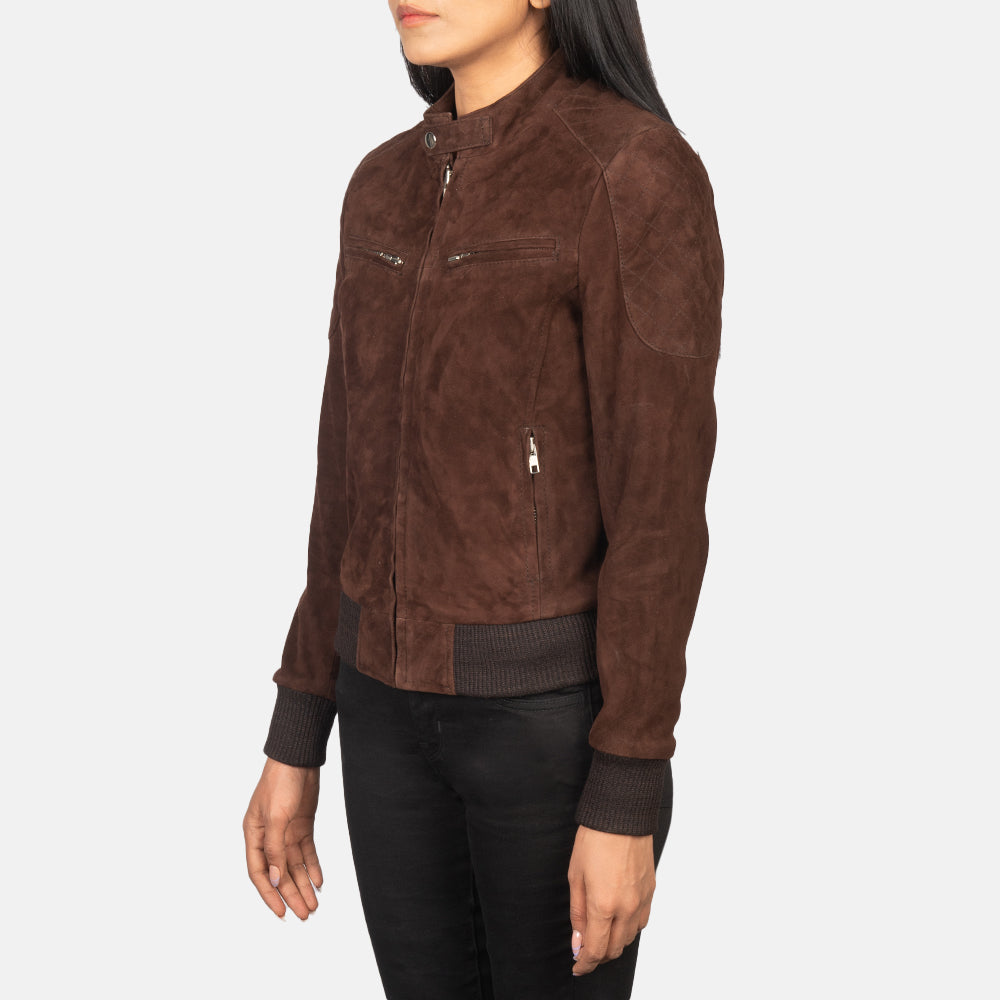 
Brown Goat Suede Bomber Jacket - უკანა ხედი გამოკვეთილი მხრებით და სუფთა დაბოლოებით