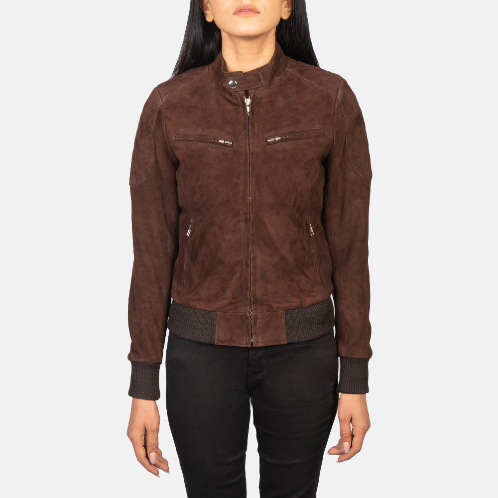 
ახლო ხედი of Band with Snap Button & Zipper Hardware on Zenna Mocha Suede Bomber Jacket